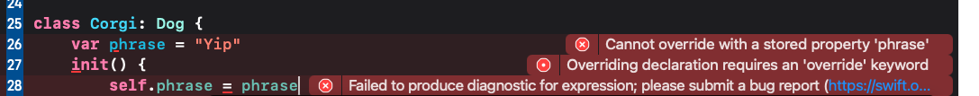 Screencap of error message that says 'Failed to produce diagnostic for expression; please submit a bug report'