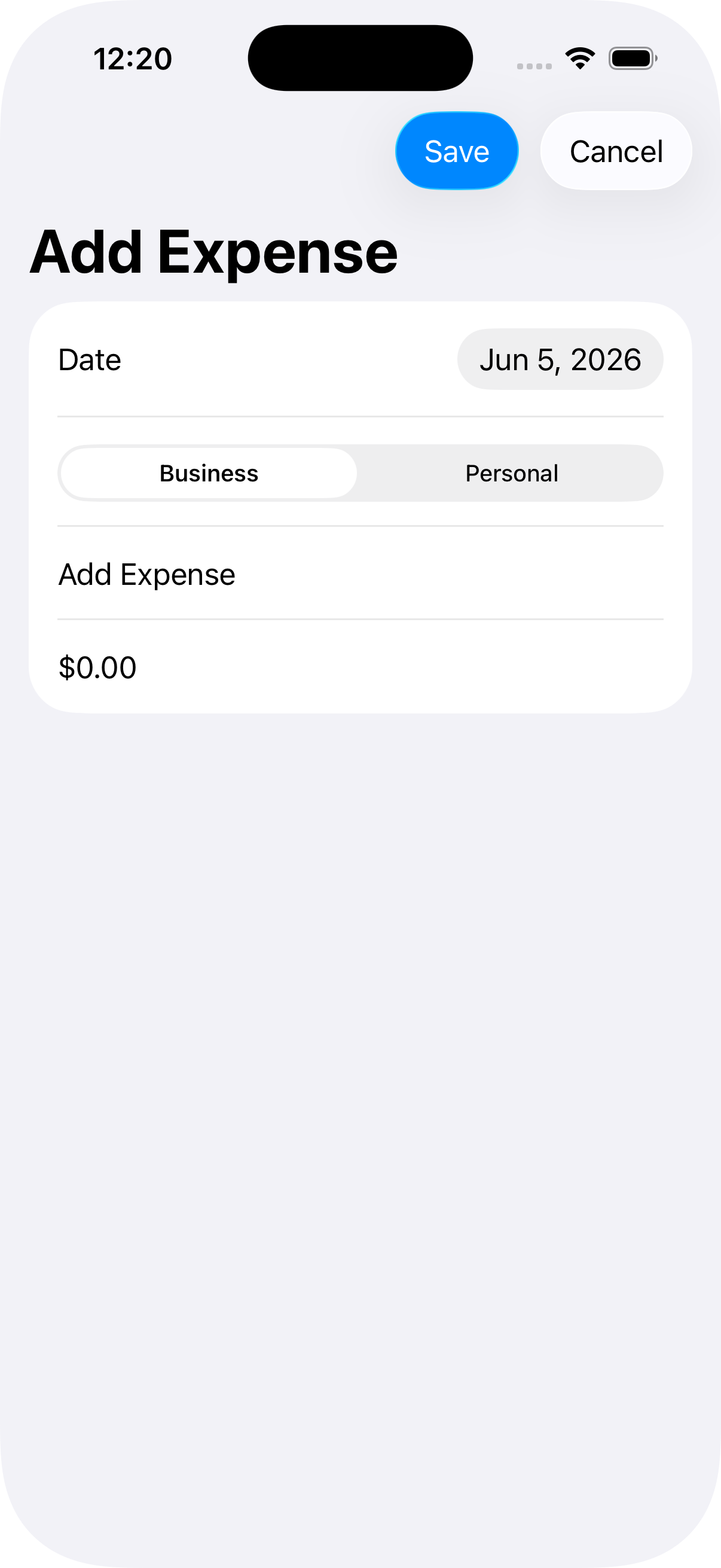 Screencap of new add expense screen, with Save and Cancel buttons