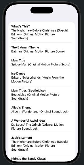 screencap of phone with Danny Elfman songs