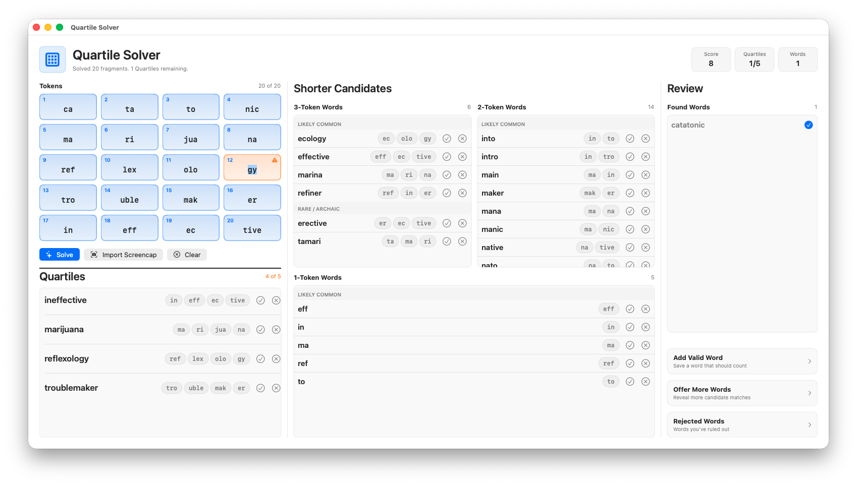 Screencap of the Quartile Solver application dashboard showing token grids, word candidates, and found quartiles.