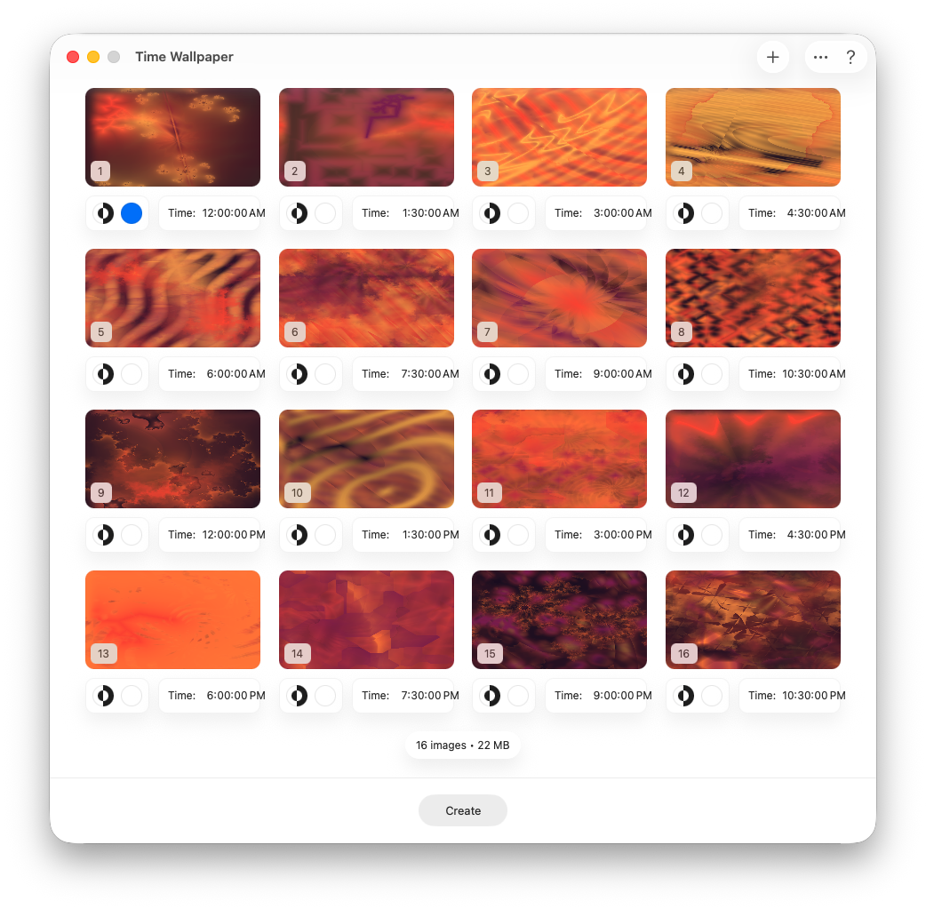 16 orange abstract images in a 4-by04 grid